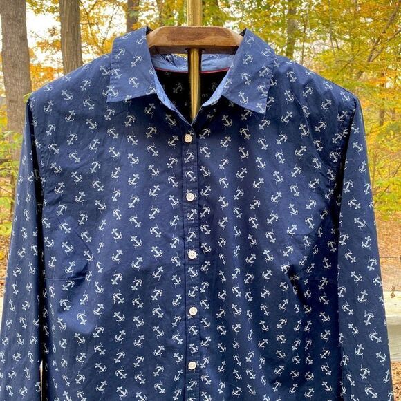 Talbots Navy Blue Anchor Print Button Up Blouse Top - Picture 3 of 6